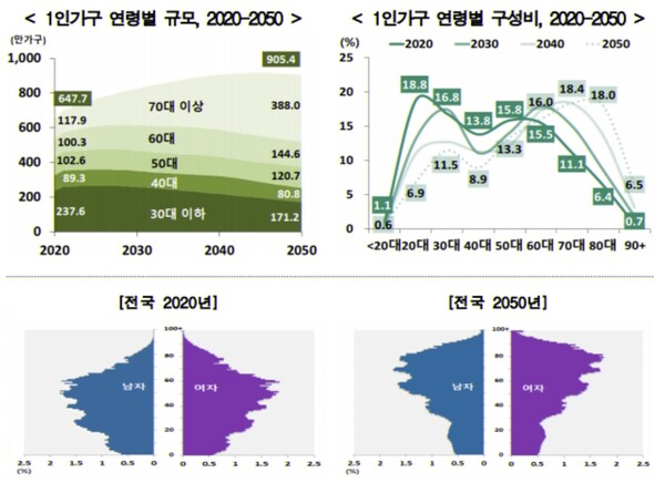 ▲ 1인가구 연령, 성별 구분과 인구피라미드 추계 사진 = 통계청 장래인구추계